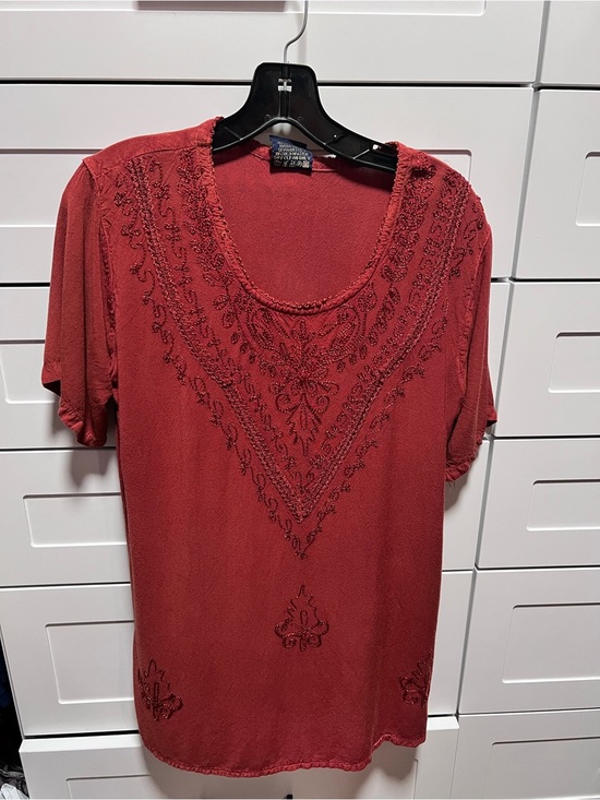 Tops - Women's Embellished Scoop Neck Top - Deep Red